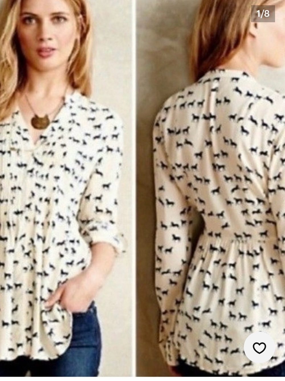 Maeve Bagatelle Button Down horse Print Pintuck Blouse in Cream & Blue Anthro